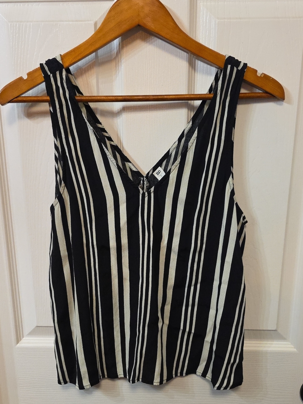bp Black and White Vertical Stripe V-Neck Top